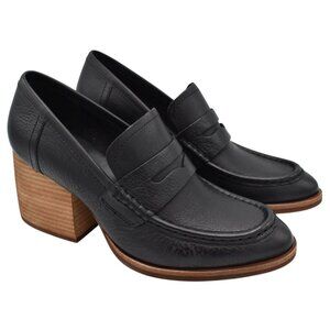 KorkEase Womens 8.5 Modeste Black Leather Stacked Heeled Penny Loafer Pump Shoes